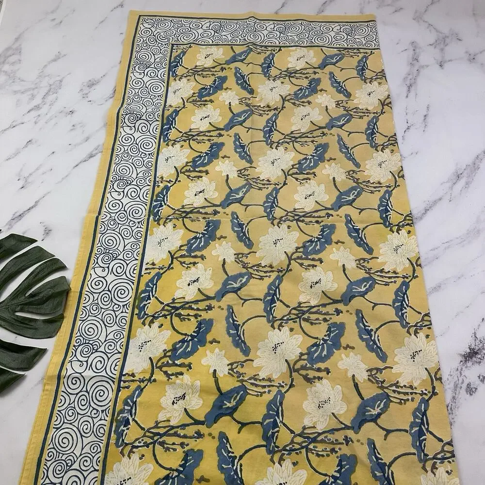 Natural Habitat Floral Tablecloth Yellow Blue Cotton 60 in Square Boho Cottage